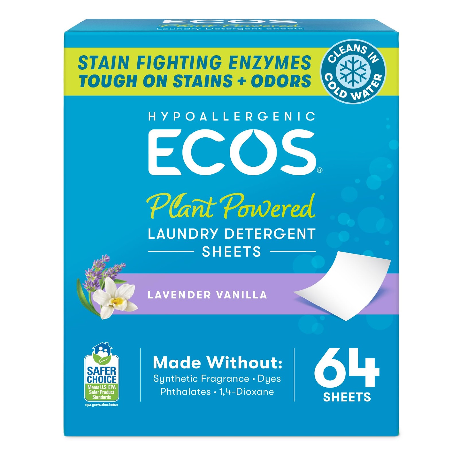 Laundry Detergent Sheets Vegan Hypoallergenic Plant Powered 64 Count Lavender Va