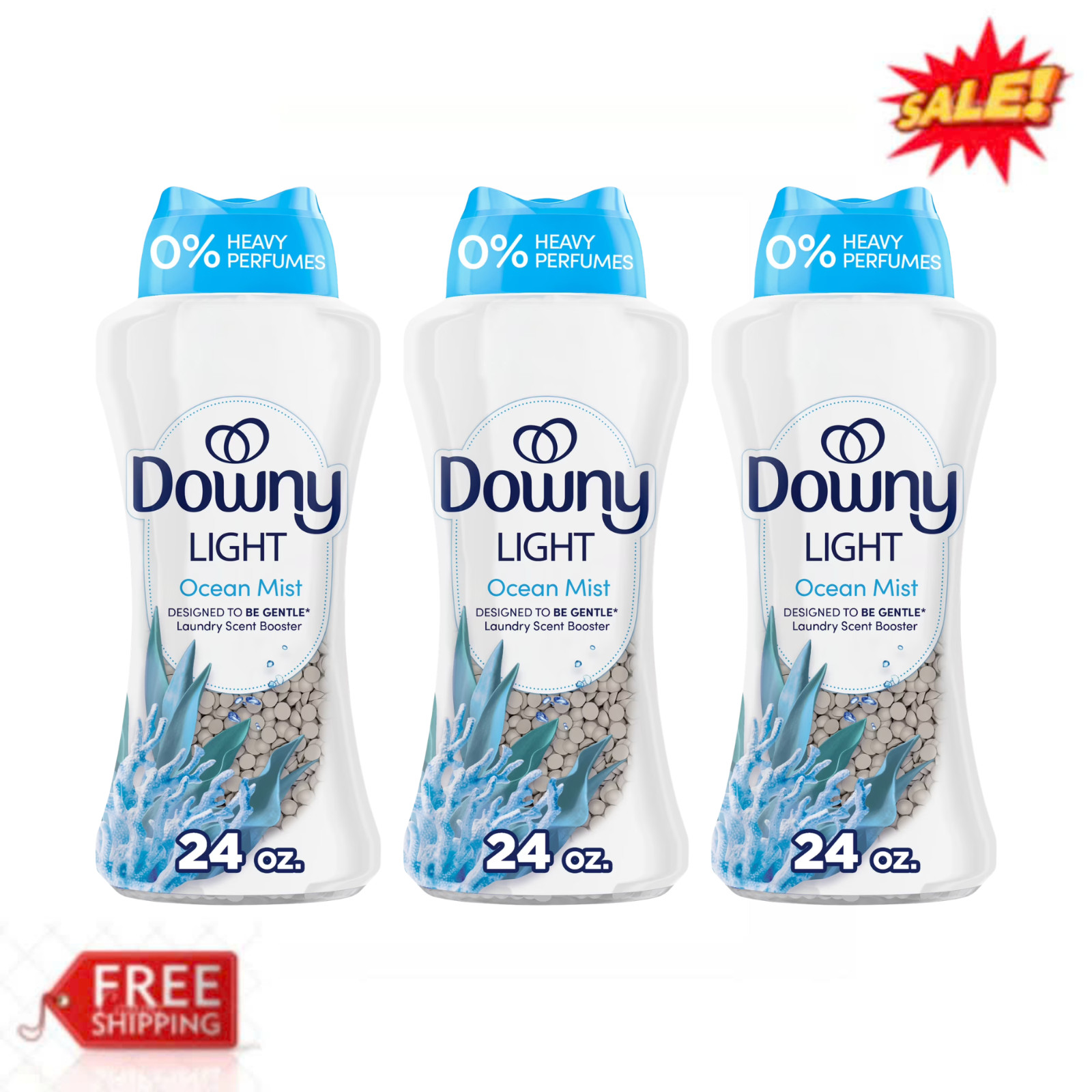 (3 Pack) Downy Light In-Wash Scent Booster Beads Ocean Mist 24 oz No Perfume