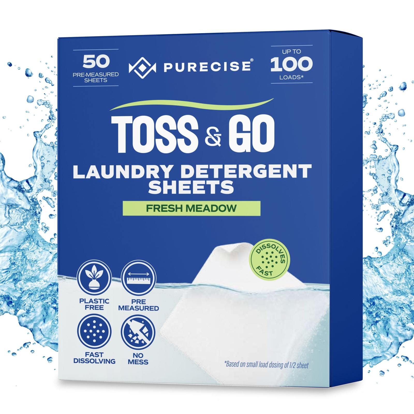 Purecise Laundry Detergent Sheets 50 Count Fresh Meadow HE Compatible