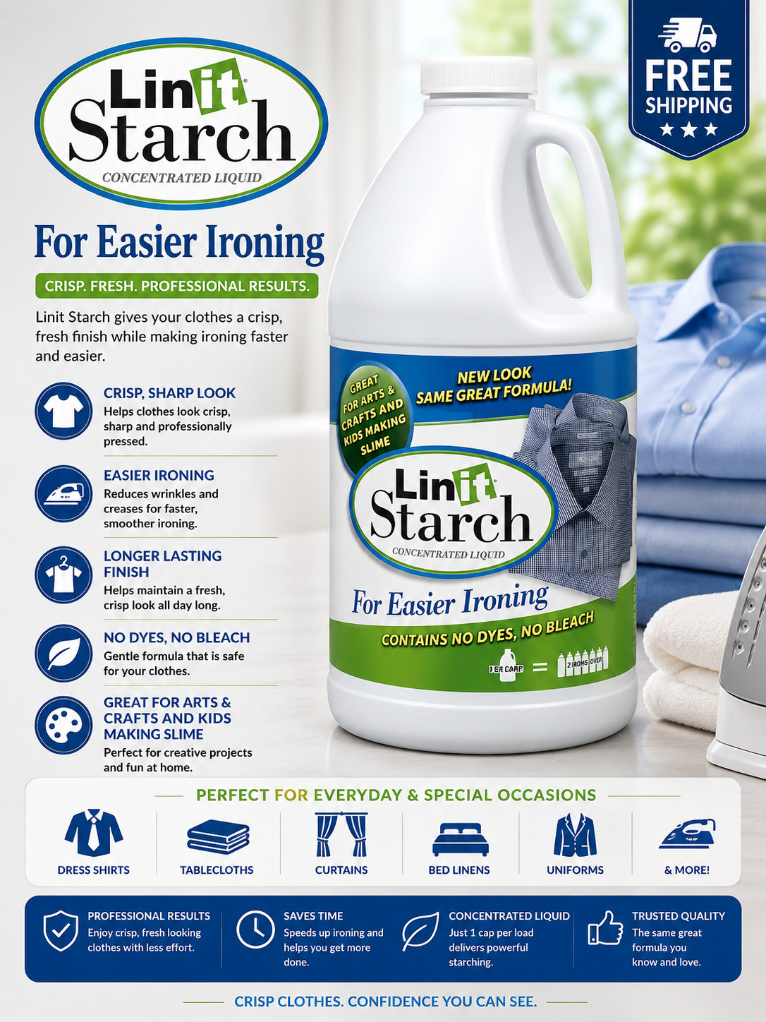 Linit Concentrated Liquid Laundry Starch for Clothes, Crafts, and Fabric, 64floz