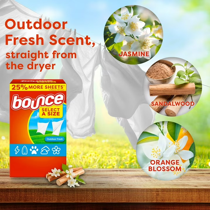 Bounce Select a Size Fabric Softener Dryer Sheets, Outdoor Fresh, 400 count.
