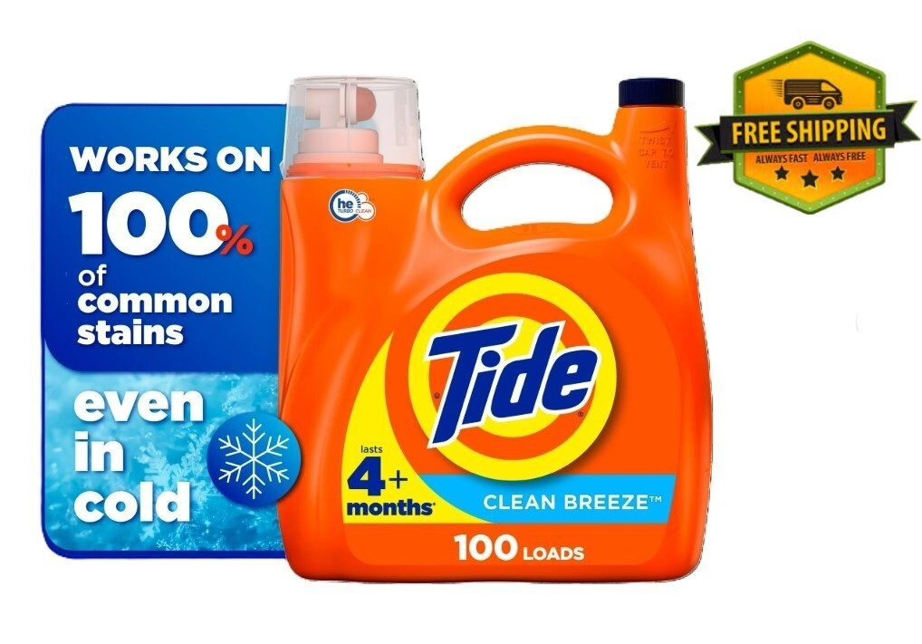 Tide Liquid Laundry Detergent, Clean Breeze, 100 Loads, 132 fl oz, HE Compatible