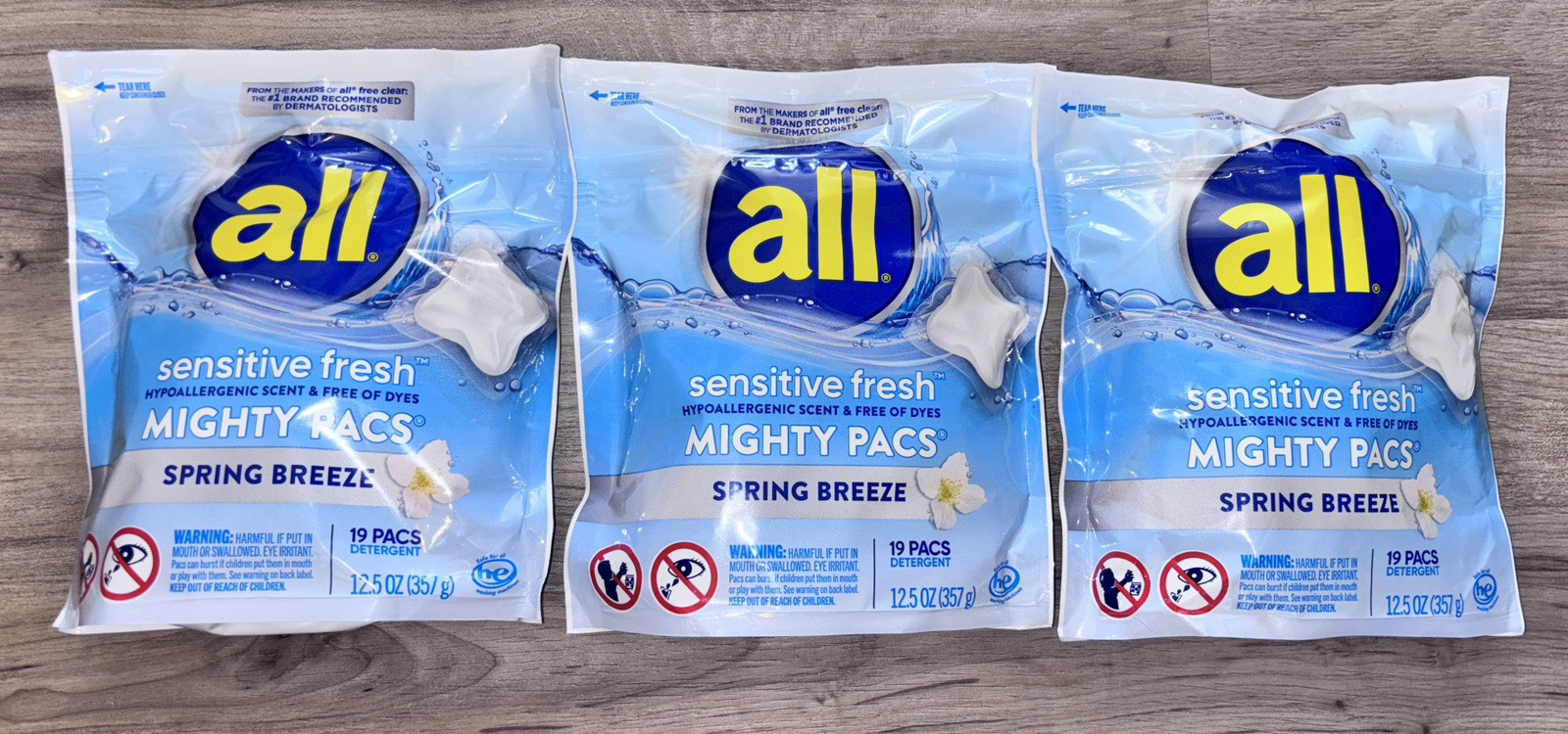 All Sensitive Fresh Mighty PACs Laundry Detergent, Spring Breeze 19ct Lot Of 3