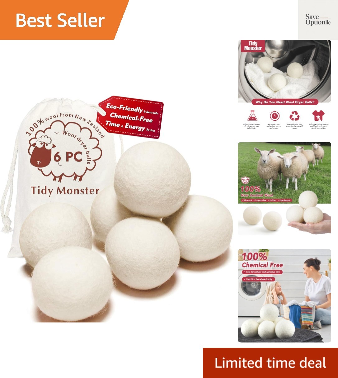 100% New Zealand Wool Dryer Balls XL Size – 6 Pack, Organic & Chemical-Free F…