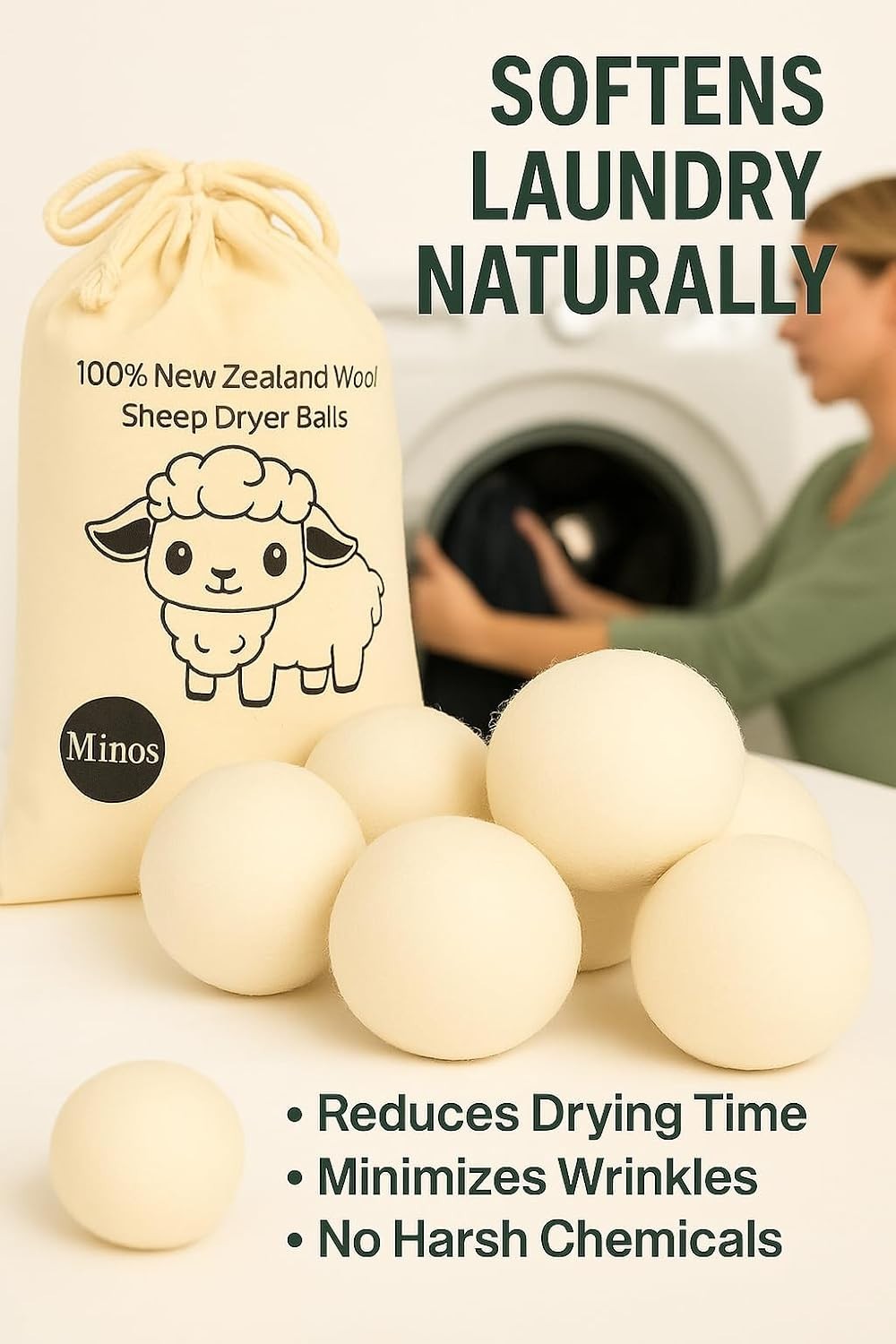 Natural Wool Dryer Balls | Reusable Natural Fabric Softener | Reduces Wrinkle…