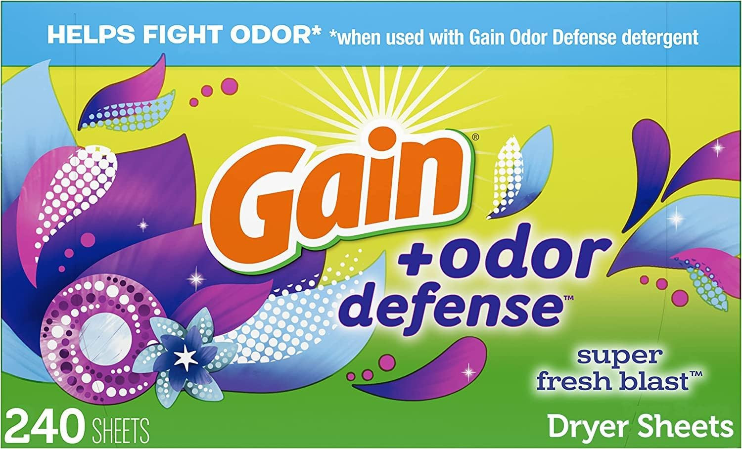 Gain Dryer Sheets plus Odor Defense, Super Fresh Blast Scent, 240 Count, Helps F