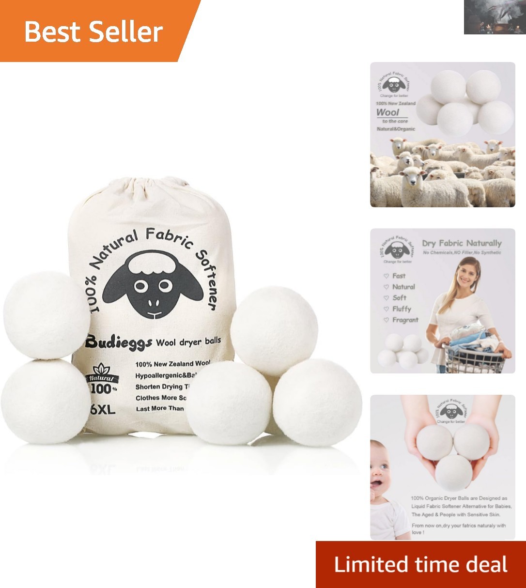 Chemical-Free Wool Dryer Balls – Hypoallergenic & Safe for Babies, 6-Pack XL Set