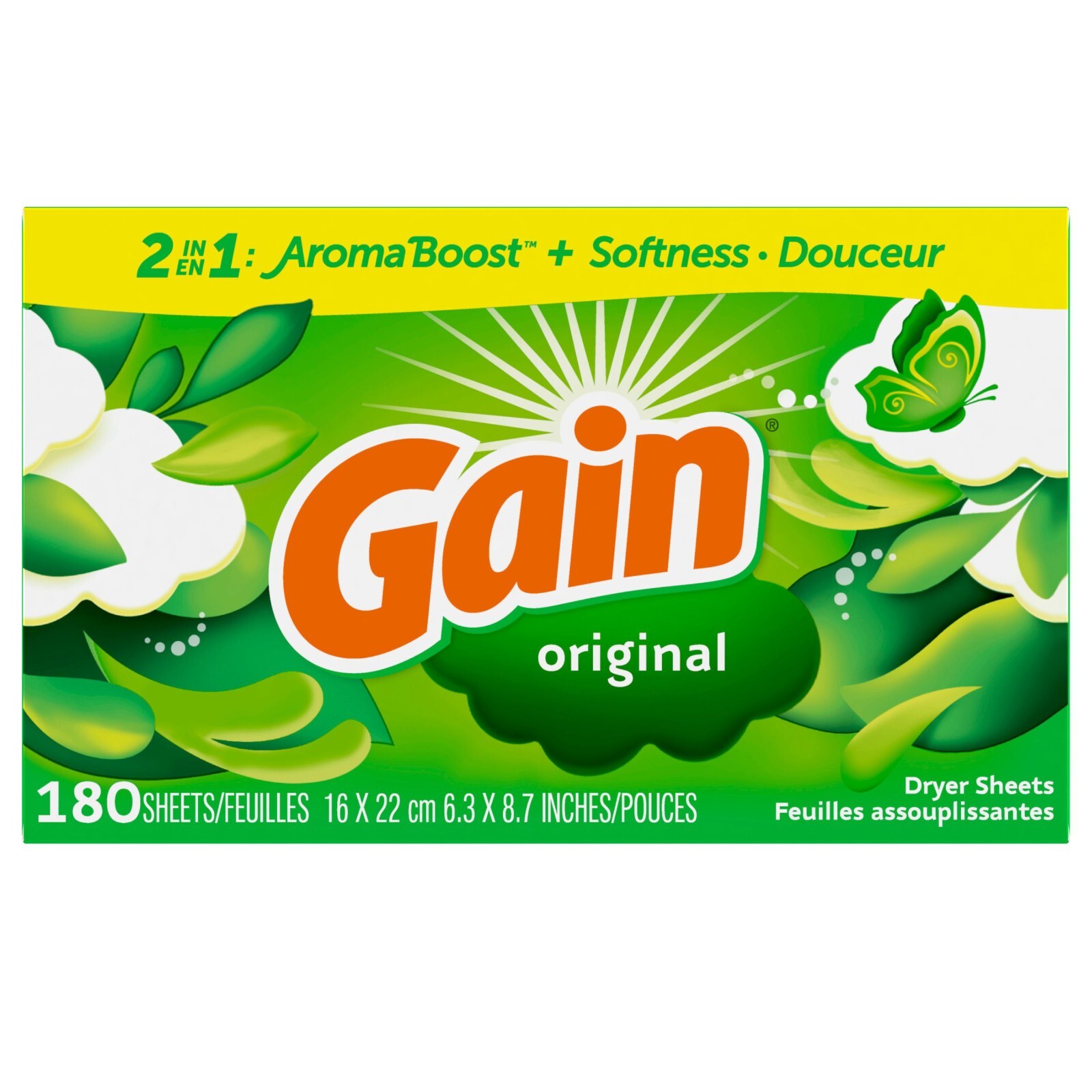 Gain Dryer Sheets Laundry Anti-Static Fabric Softener, Original Scent, 180 Count
