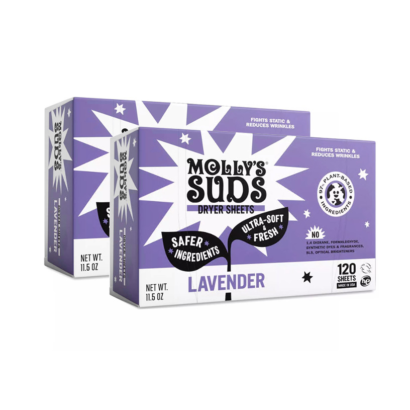 Molly’s Suds Fabric Softener Dryer Sheets, Lavender 120 Sheets (Pack of 2)