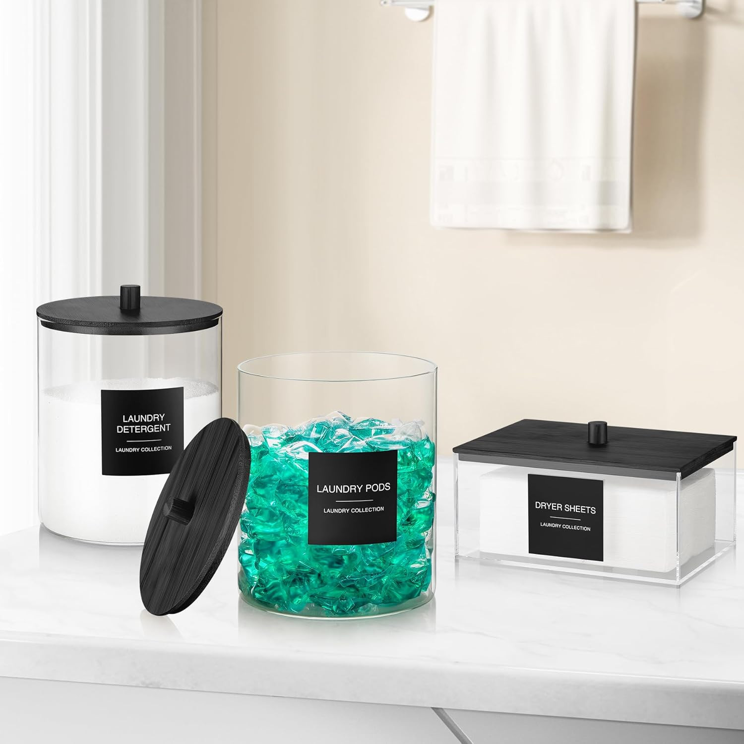 Acrylic Dryer Sheet Holder with Lid, Clear Laundry Sheets Container with 27 Labe