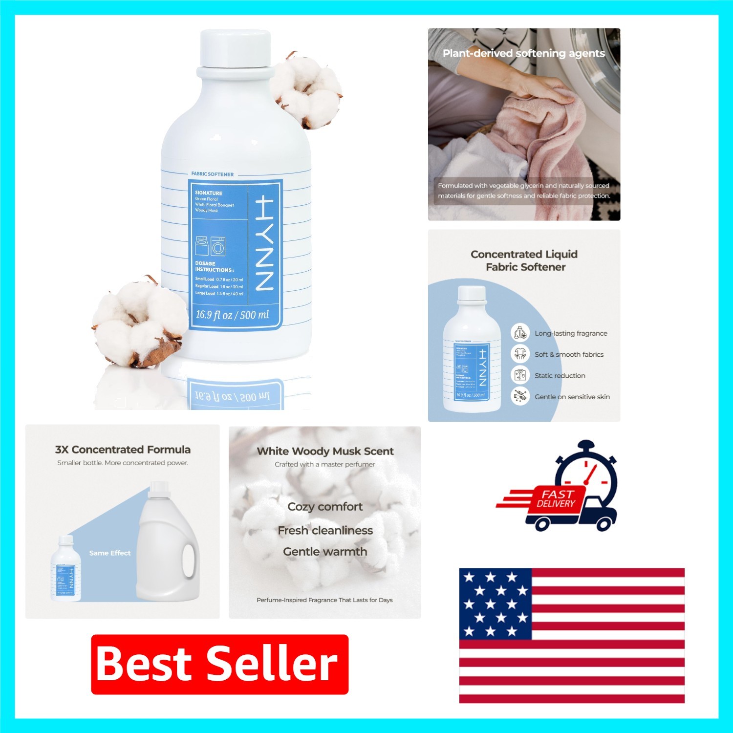 Luxury Fabric Softener – 16.9 fl oz Woody Musk Scent, Static & Wrinkle Control