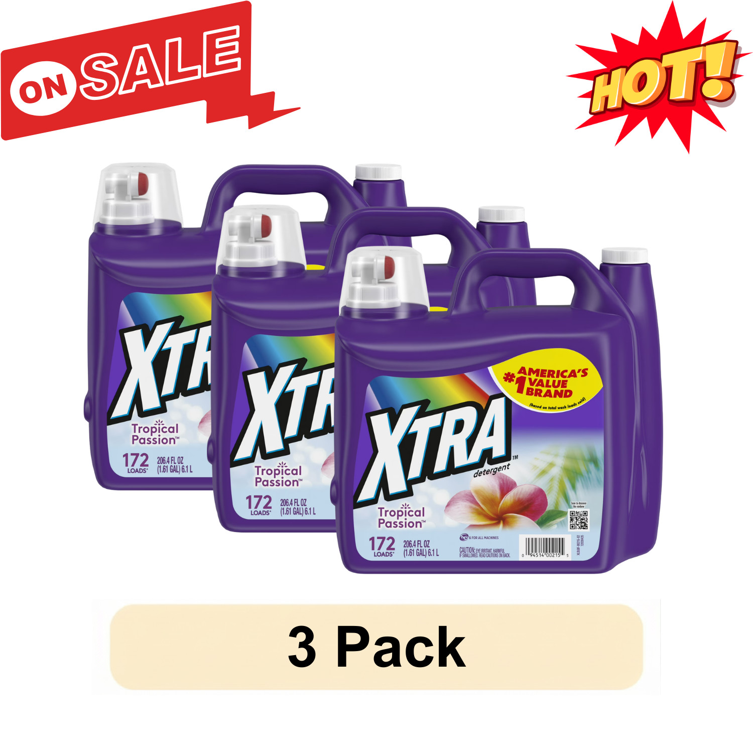 3 Pack Xtra Tropical Passion 172 Loads Liquid Laundry Detergent 206.4 fl oz