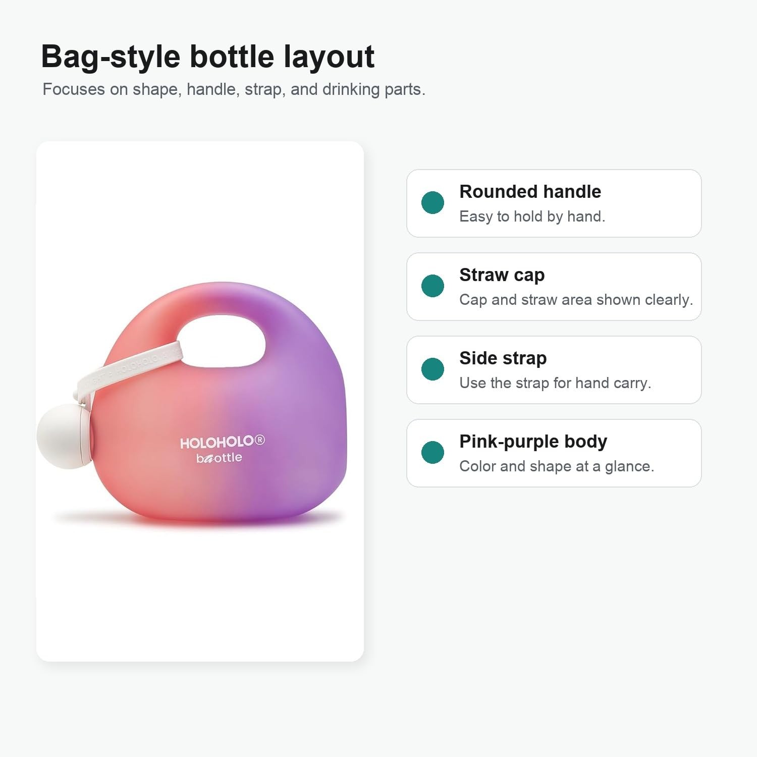 Bag-Style Water Bottle with Straw and Handle, Pink Purple