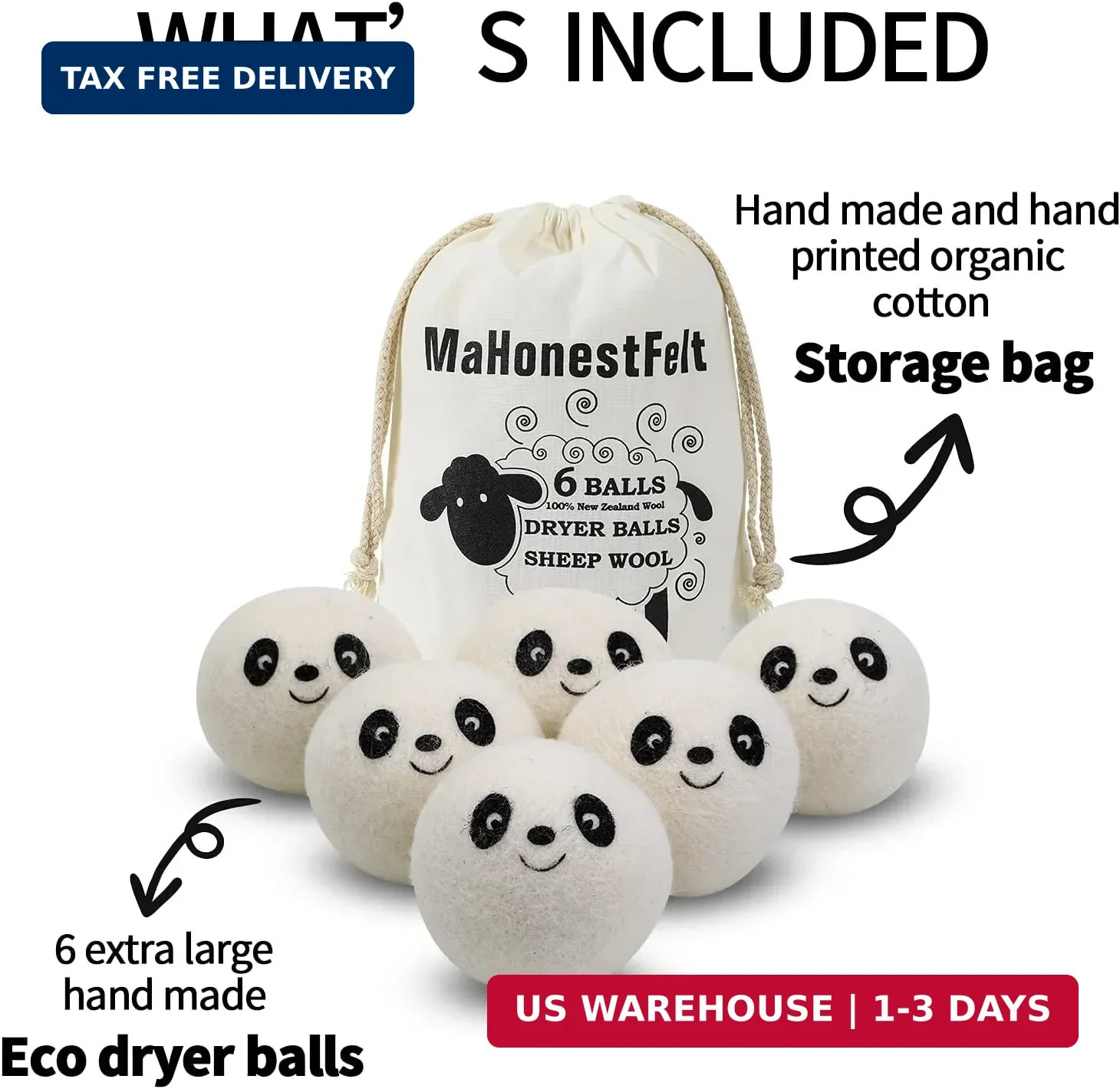 Wool Dryer Balls – Natural Fabric Softener, Reusable, Reduces Clothing Wrinkles