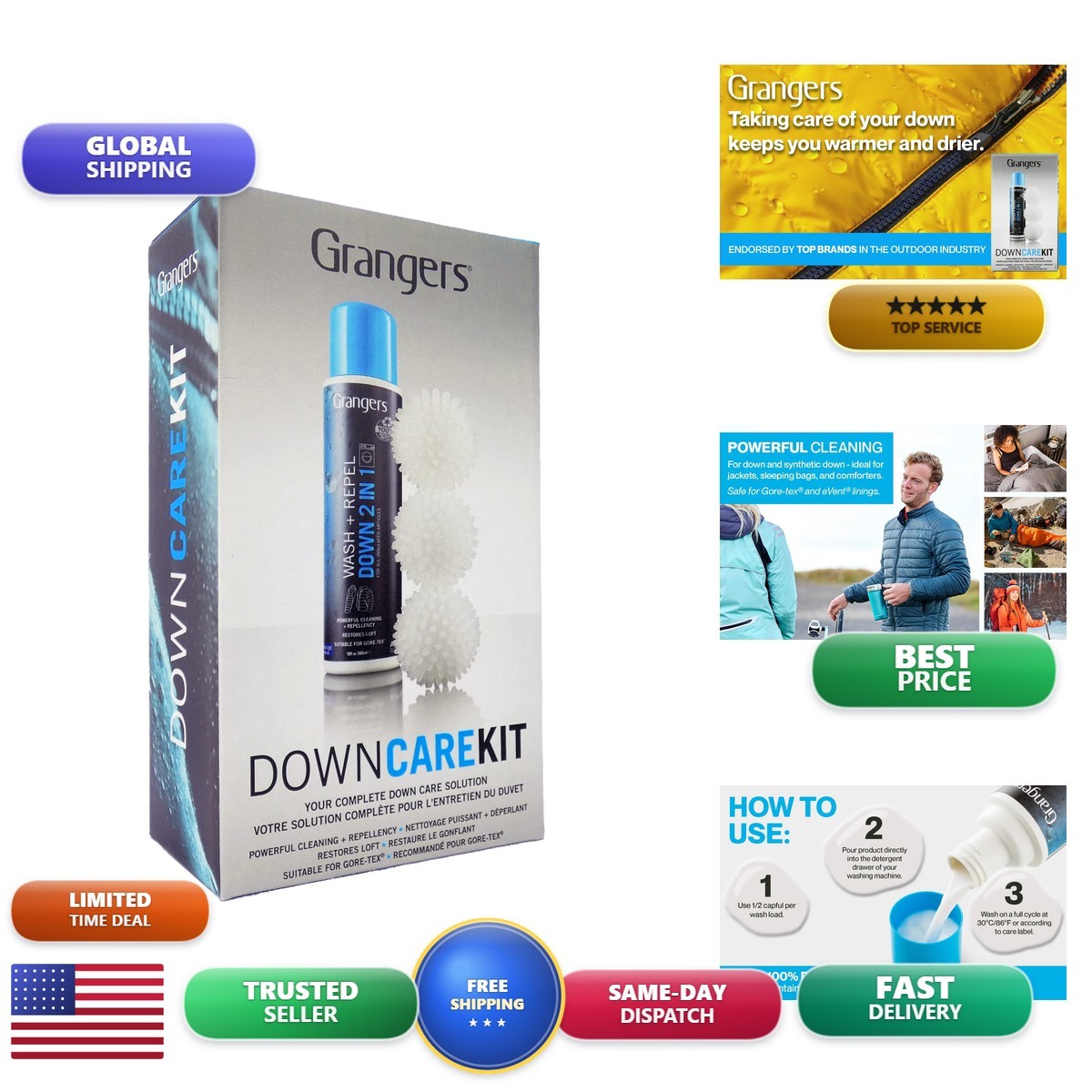 Grangers Down Care Kit Wash + Repel 2 In 1 (10 oz) 3 Dry Balls