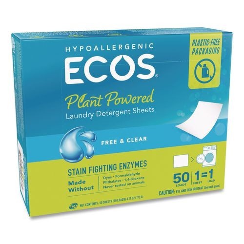 ECOS Liquidless Laundry Detergent Sheets, Free and Clear, 50 Sheets/Box