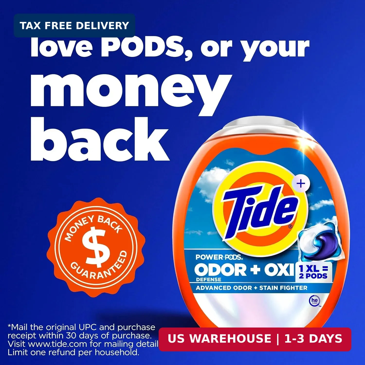 Tide Odor Defense + Oxi Laundry Detergent Pacs, Original Scent, 63 Count, Advanc