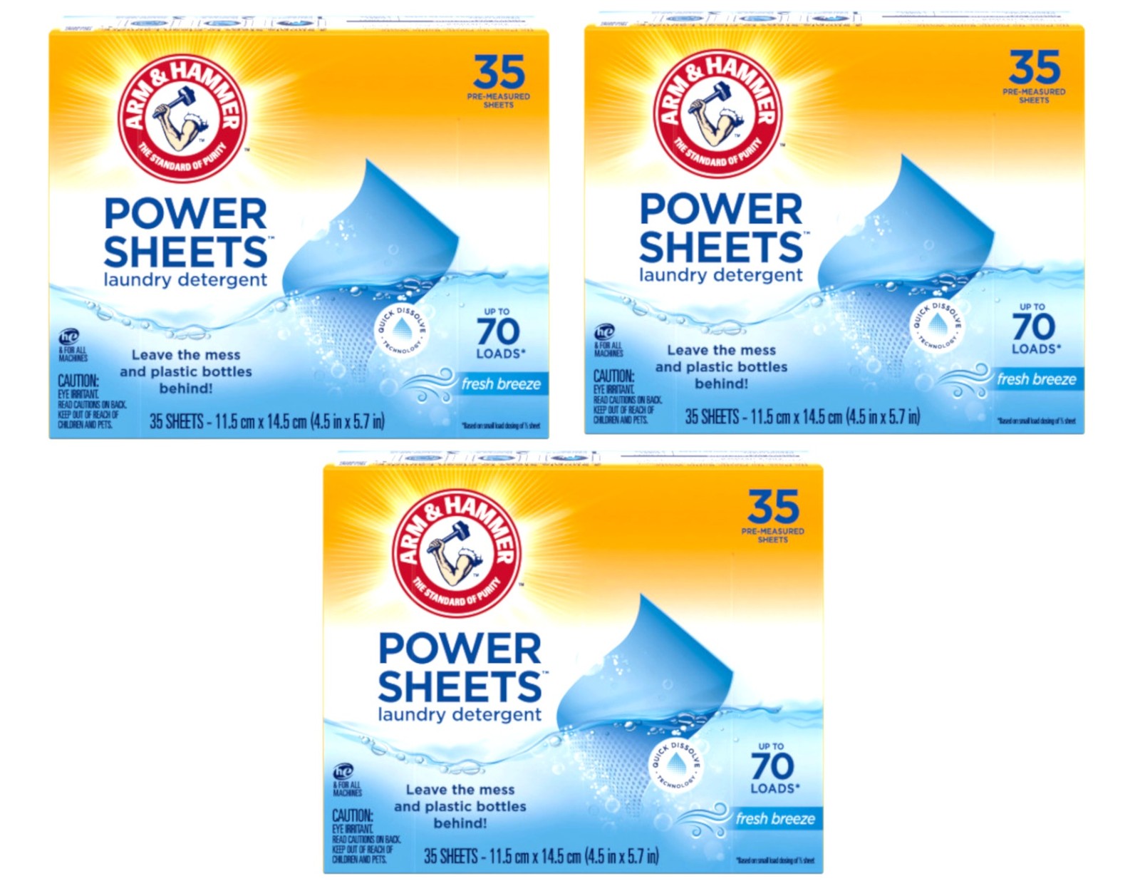 3 Pack ARM & HAMMER Power Sheets Laundry Detergent Fresh Breeze 35 ct 70 Loads