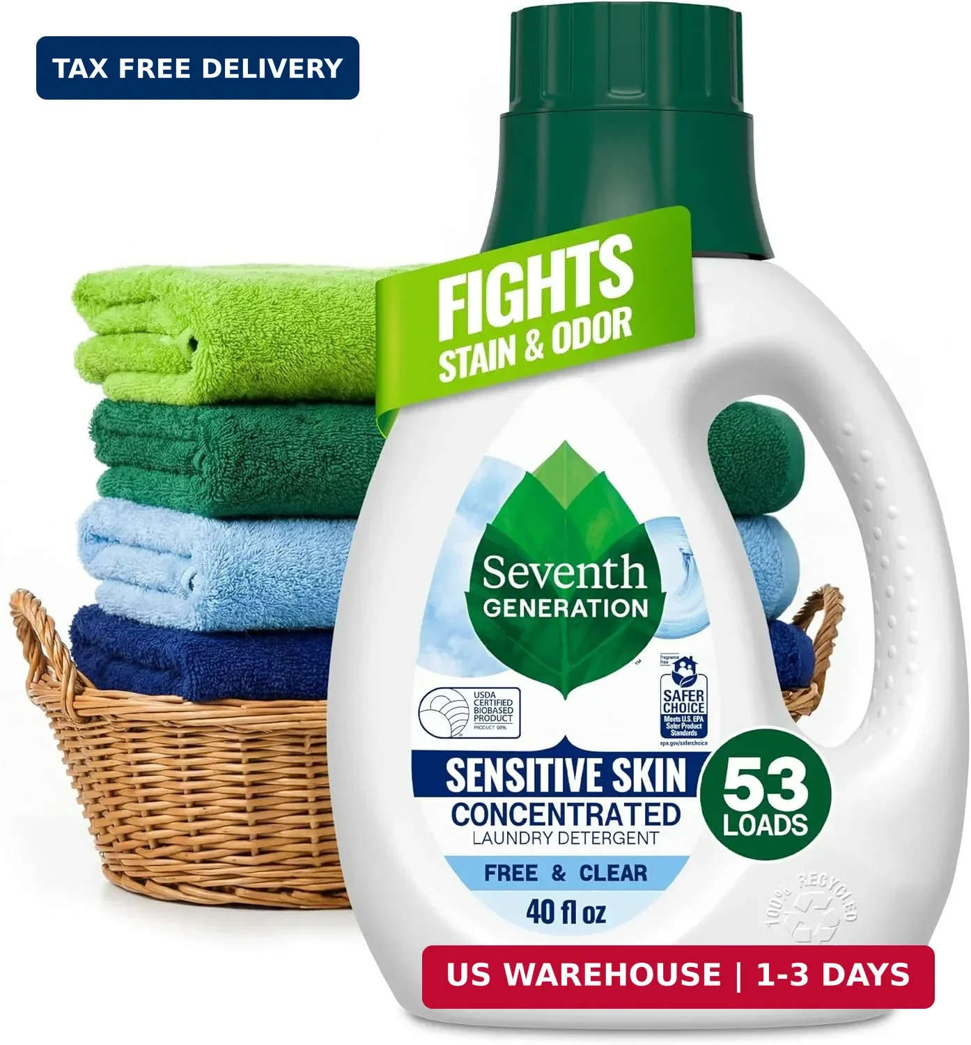 Seventh Generation Concentrated Free & Clear Laundry Detergent, 40 oz, No Dyes o