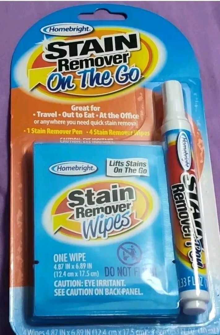 TWO HOMEBRIGHT STAIN REMOVER ON THE GO 1 Pen 4 Wipes Lifts Stains On The Go