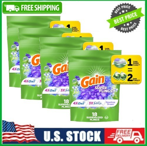 4 Bag Gain Relax Flings Laundry Detergent Packs, Dewdrop Dream Scent, 18 Ct Pk
