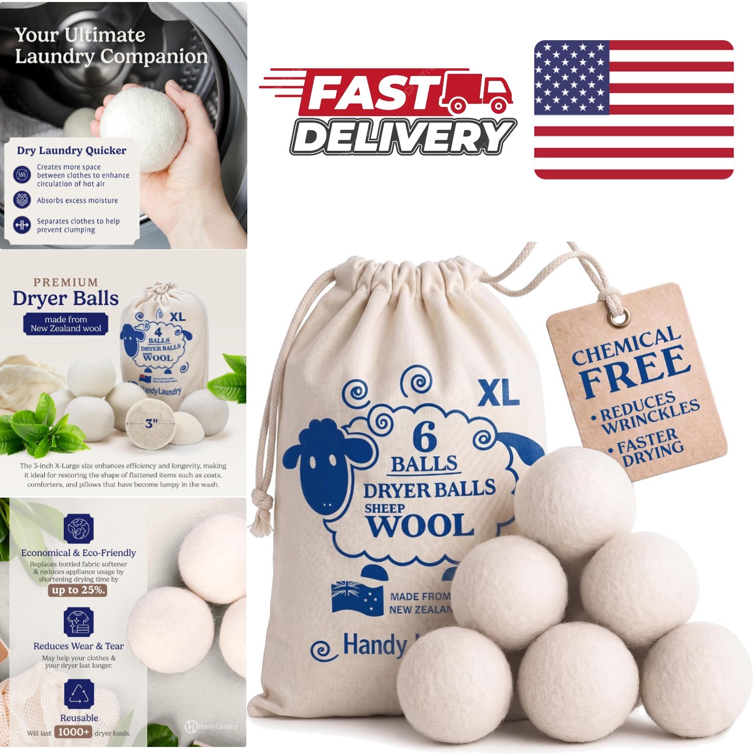100 Percent New Zealand Wool Dryer Balls Pack of 6 Eco Friendly Laundry Solution