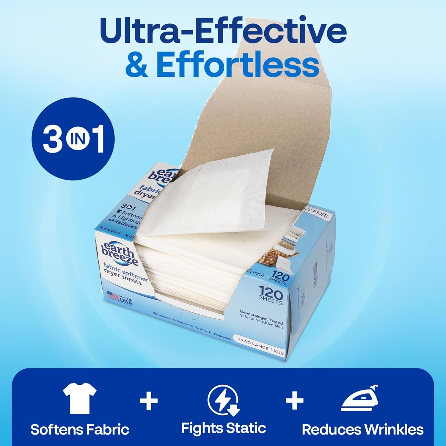 Earth Breeze Fabric Softener Dryer Sheets – Fragrance Free, Hypoallergenic, No H