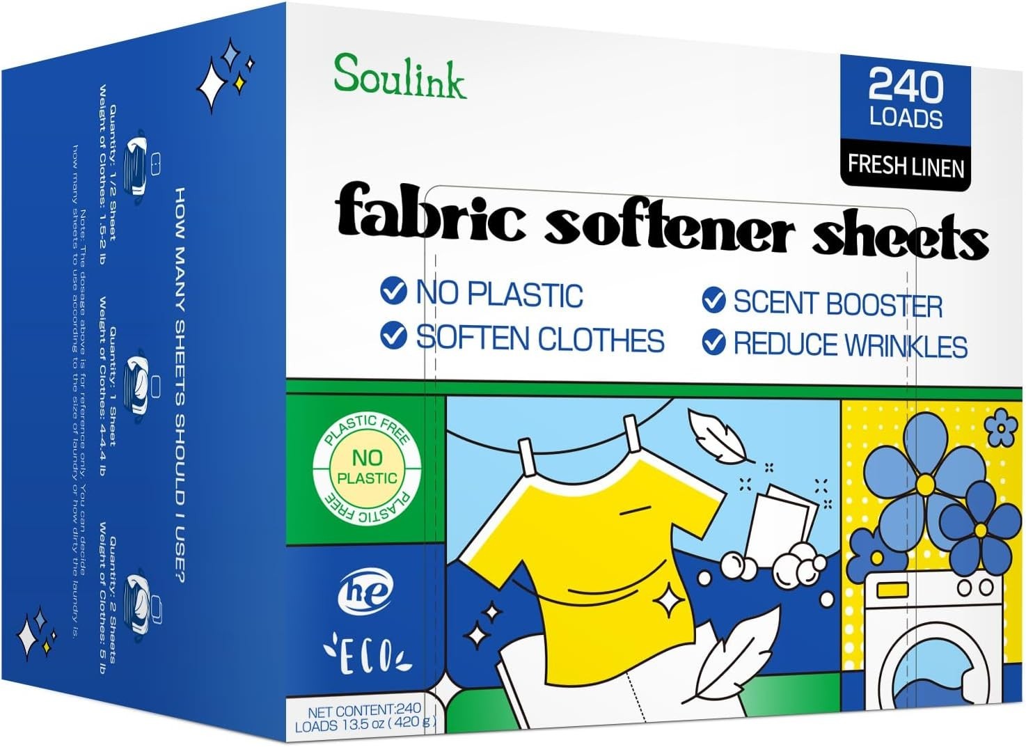 240 Loads of Ultra-Concentrated Fabric Softener Sheets – No Plastic, Gentle Care