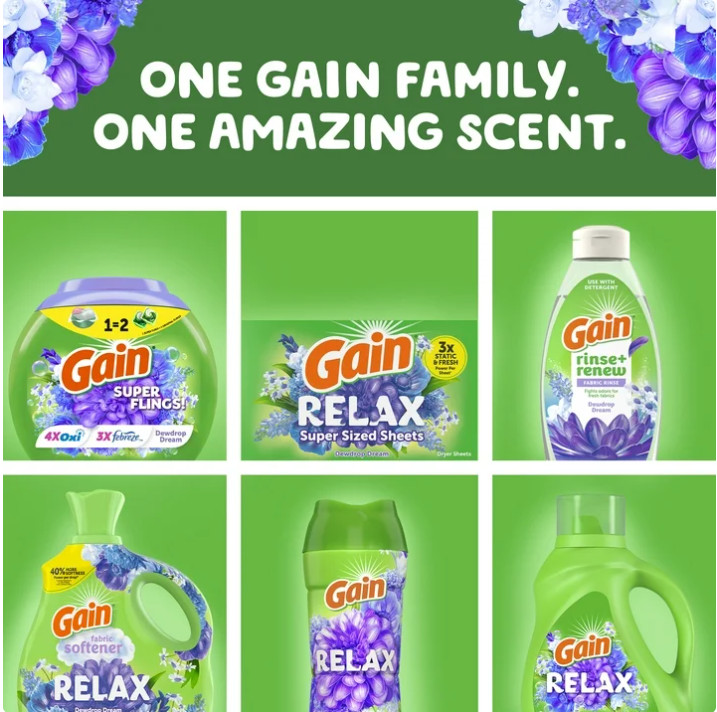 4 Bag Gain Relax Flings Laundry Detergent Packs, Dewdrop Dream Scent, 18 Ct Pk