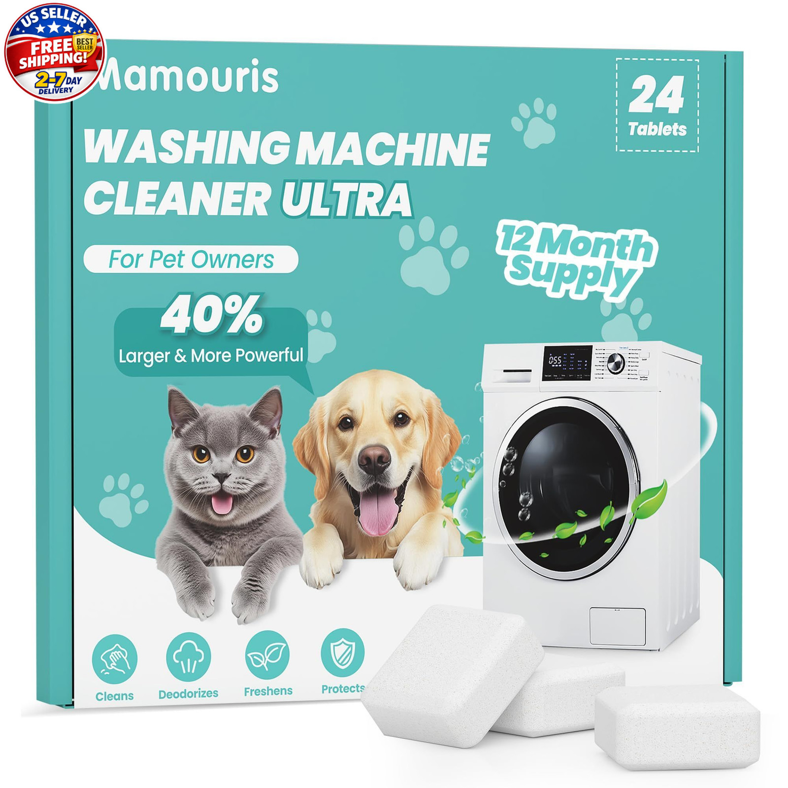 Mamouris Washing Machine Cleaner Tablets: 40% Stronger 1 Count (Pack of 24)