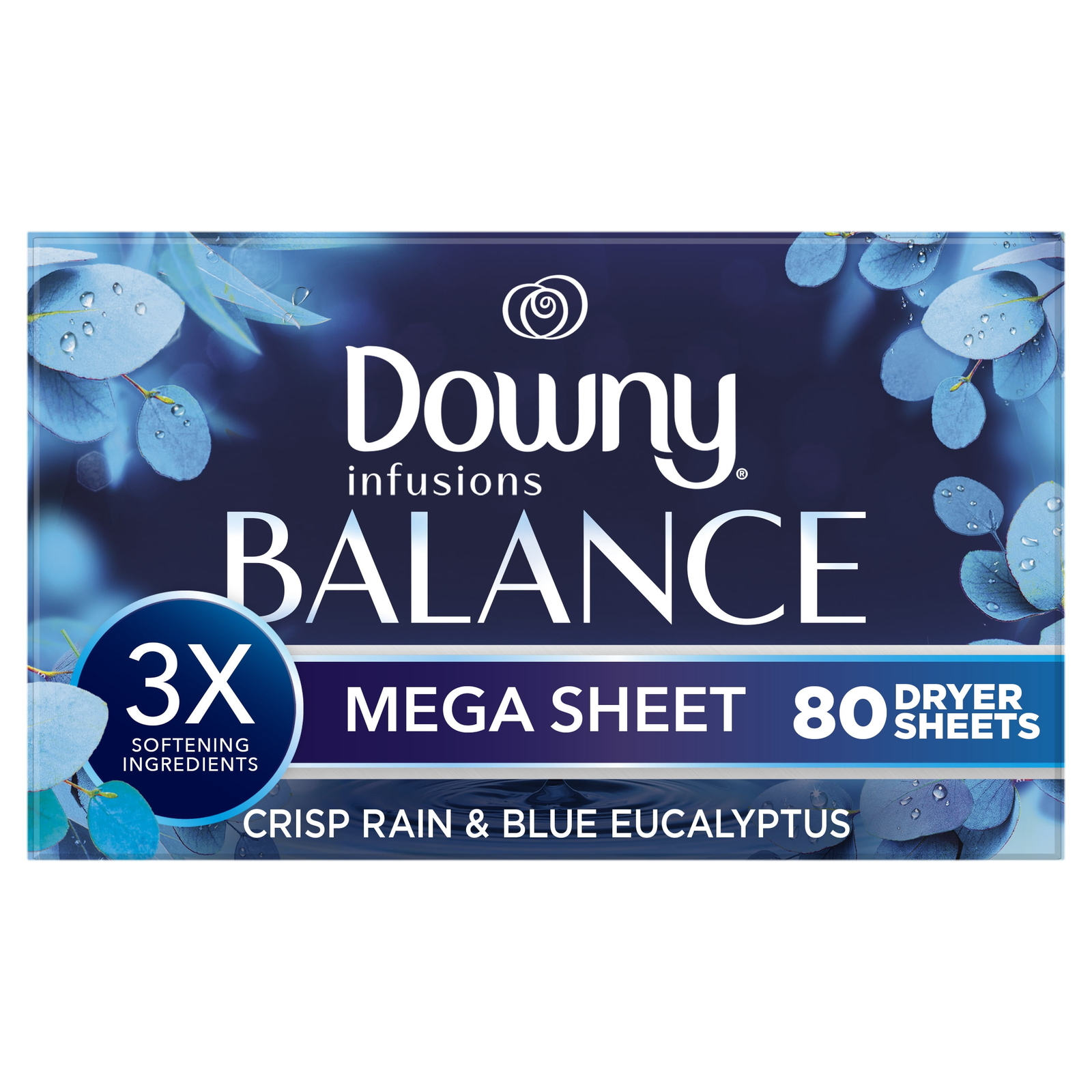 Downy Infusions Mega Dryer Sheets, Balance, Crisp Rain and Blue Eucalyptus