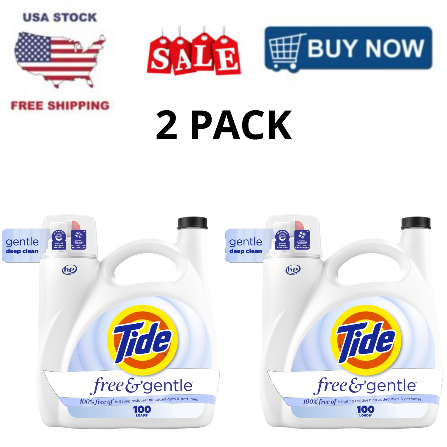 Tide Free & Gentle Liquid Laundry Detergent 132oz 100 Loads, 2 Pack