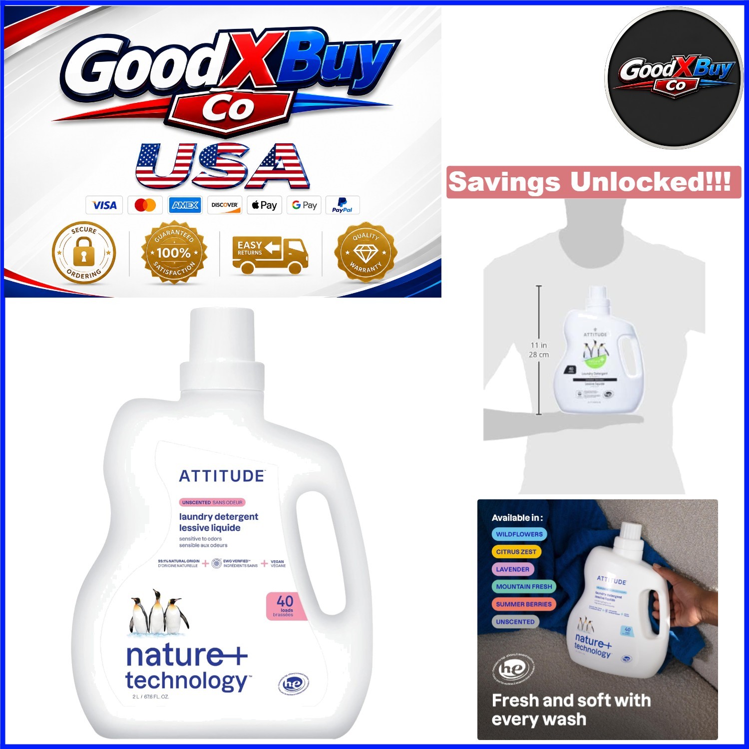 Attitude Liquid Laundry Detergent EWG Verified 40 Loads Unscented