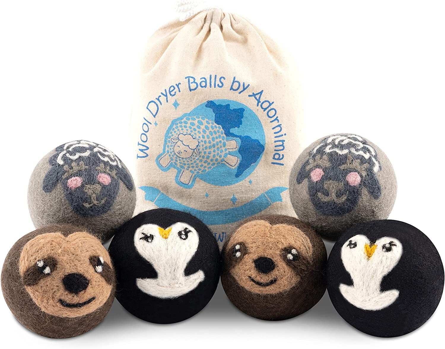 Wool Dryer Balls Penguin, Sloth, & Sheep Design 6-Pack Natural Fabric Softener