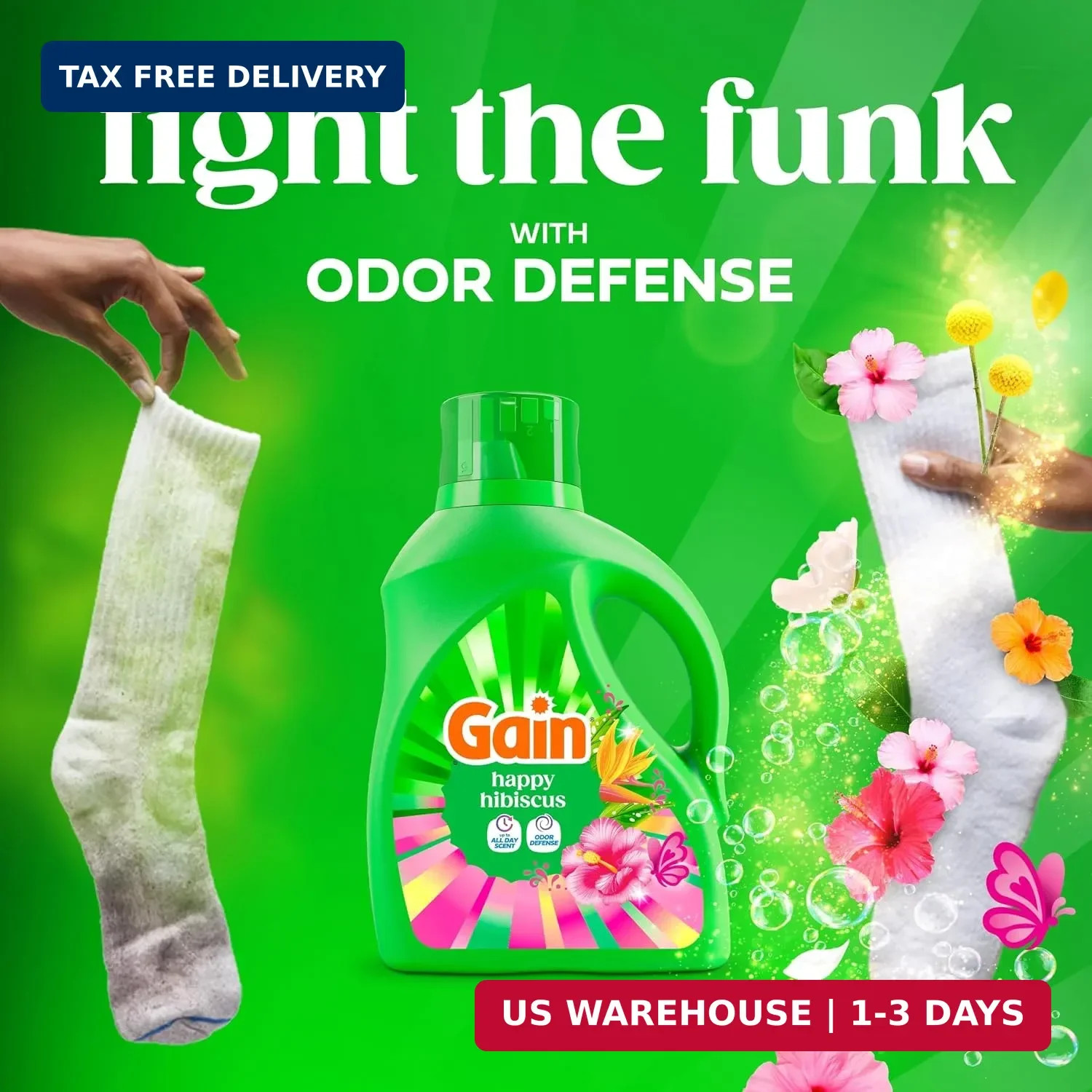 Gain Liquid Laundry Detergent, With Odor Defense, Happy Hibiscus Scent, Laundry