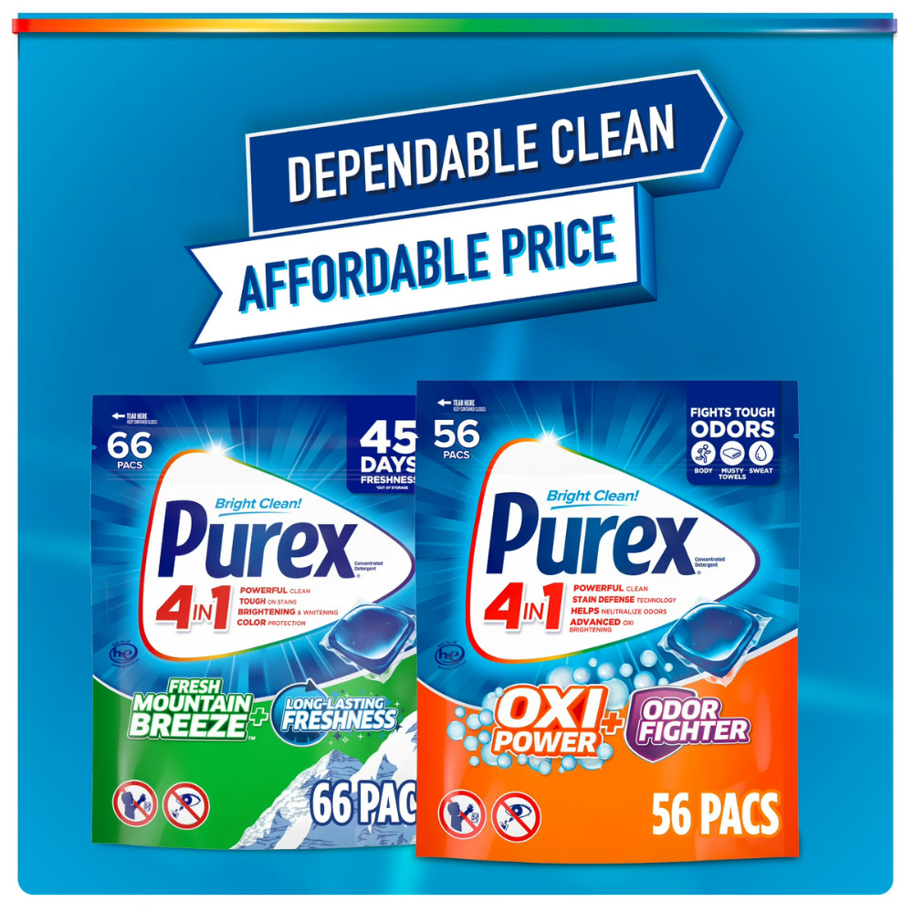 Purex Oxi Power, Odor Fighter Laundry Detergent Pacs, 56 Ct, 4 Pack (224 Pacs)