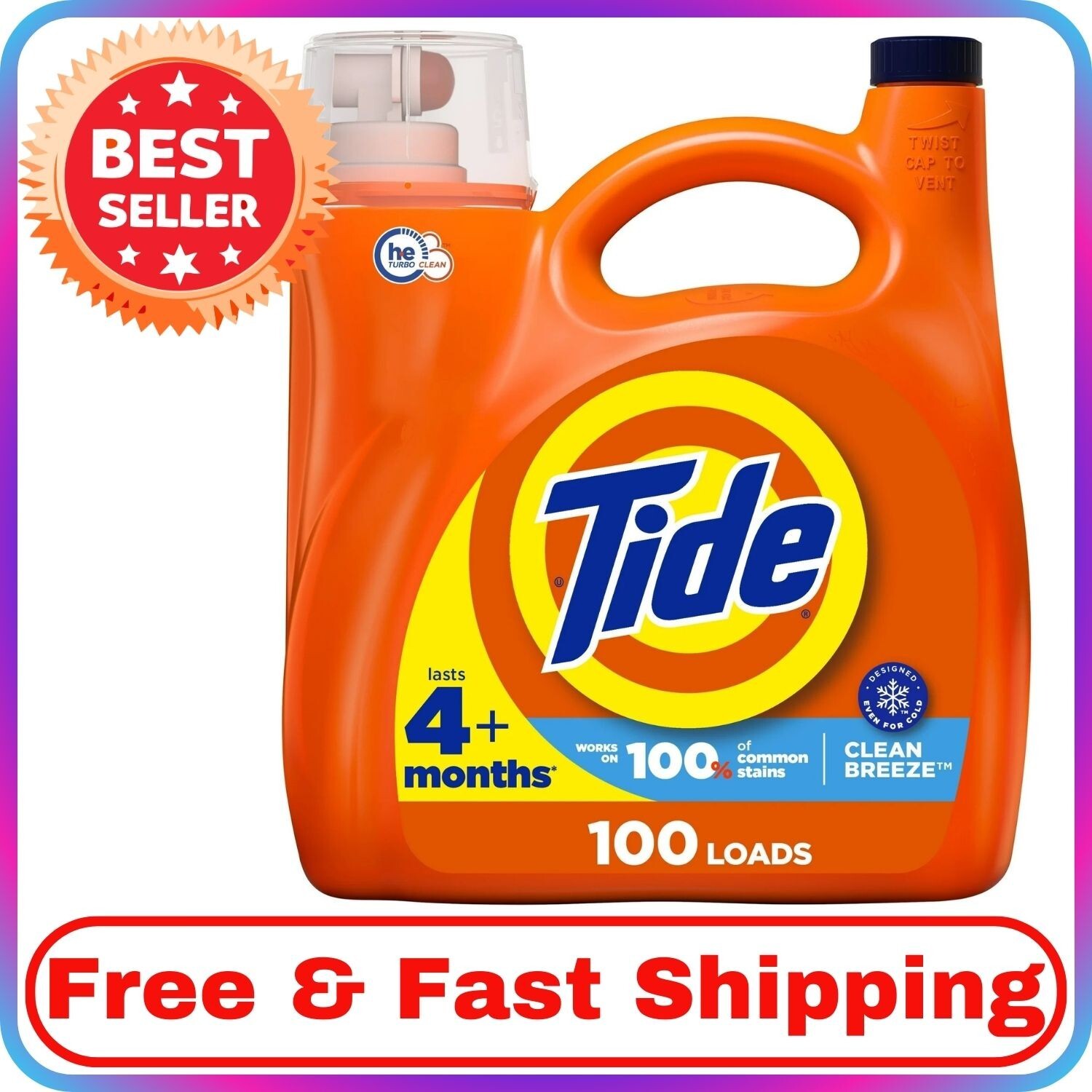 Tide Liquid Laundry Detergent, Clean Breeze, 100 Loads, 132 fl oz, HE Compatible