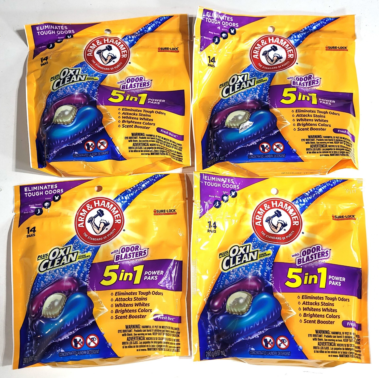 Arm & Hammer Oxi Clean w/Odor Blasters LAUNDRY DETERGENT 5-IN-1 Power Pak 4 Bags