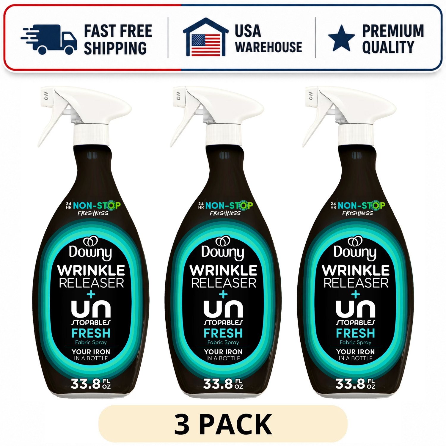 (3 Pack) Downy Unstopables Fresh Wrinkle Releaser Fabric Spray 33.8 fl oz
