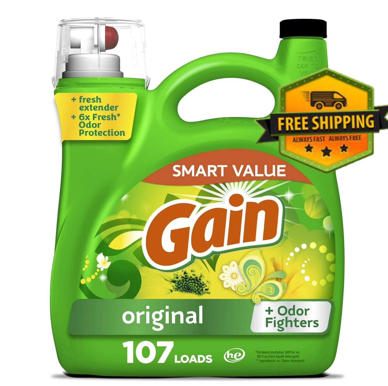 Gain Original Scent Laundry Detergent, Odor Fighters, 107 Loads, 154 fl oz
