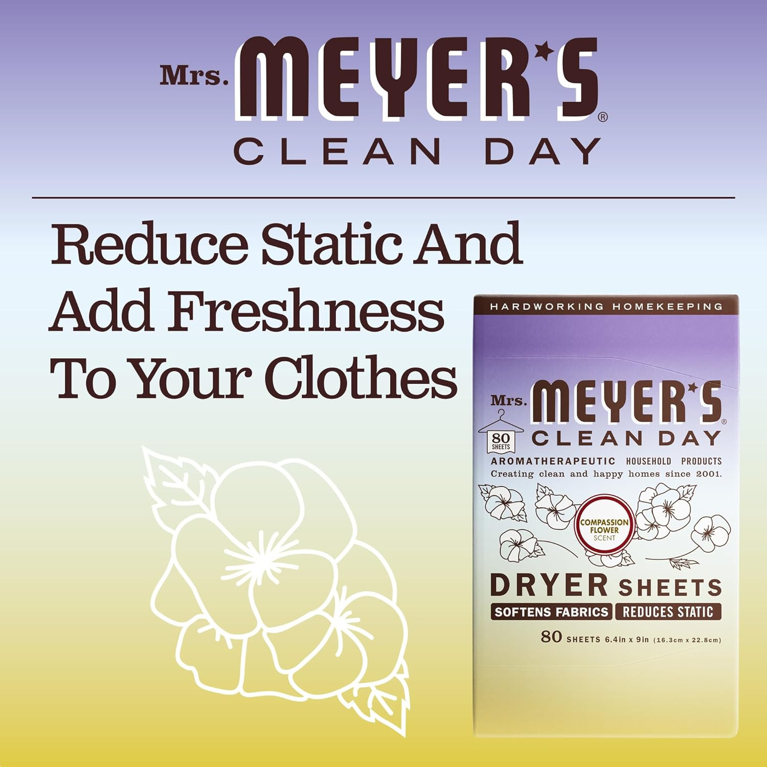 Mrs. Meyer’s Clean Day Dryer Sheets, Fabric Softener, Compassion Flower 80 Count
