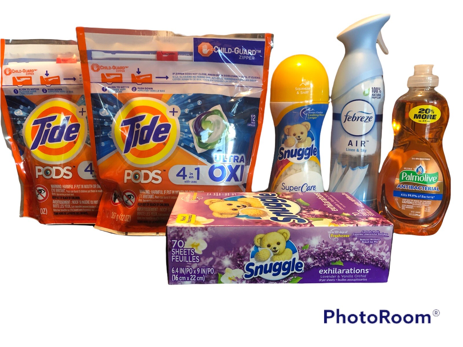 2, 12 ct. Tide pods, 2 Snuggle, 1 Febreez, 1 Palmolive