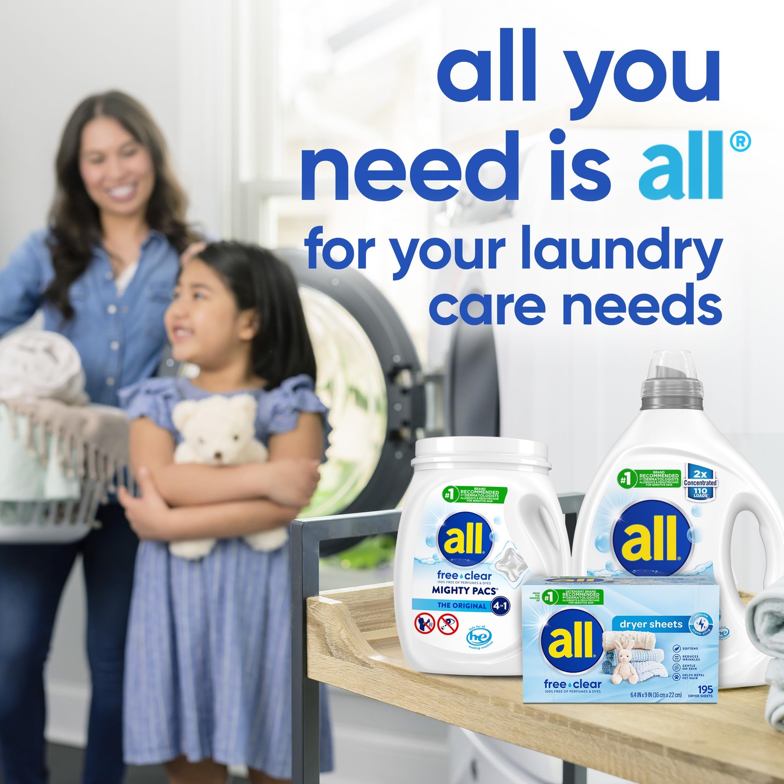 Bundle of All Mighty Pacs Laundry Detergent, Free Clear 60 Count + 195