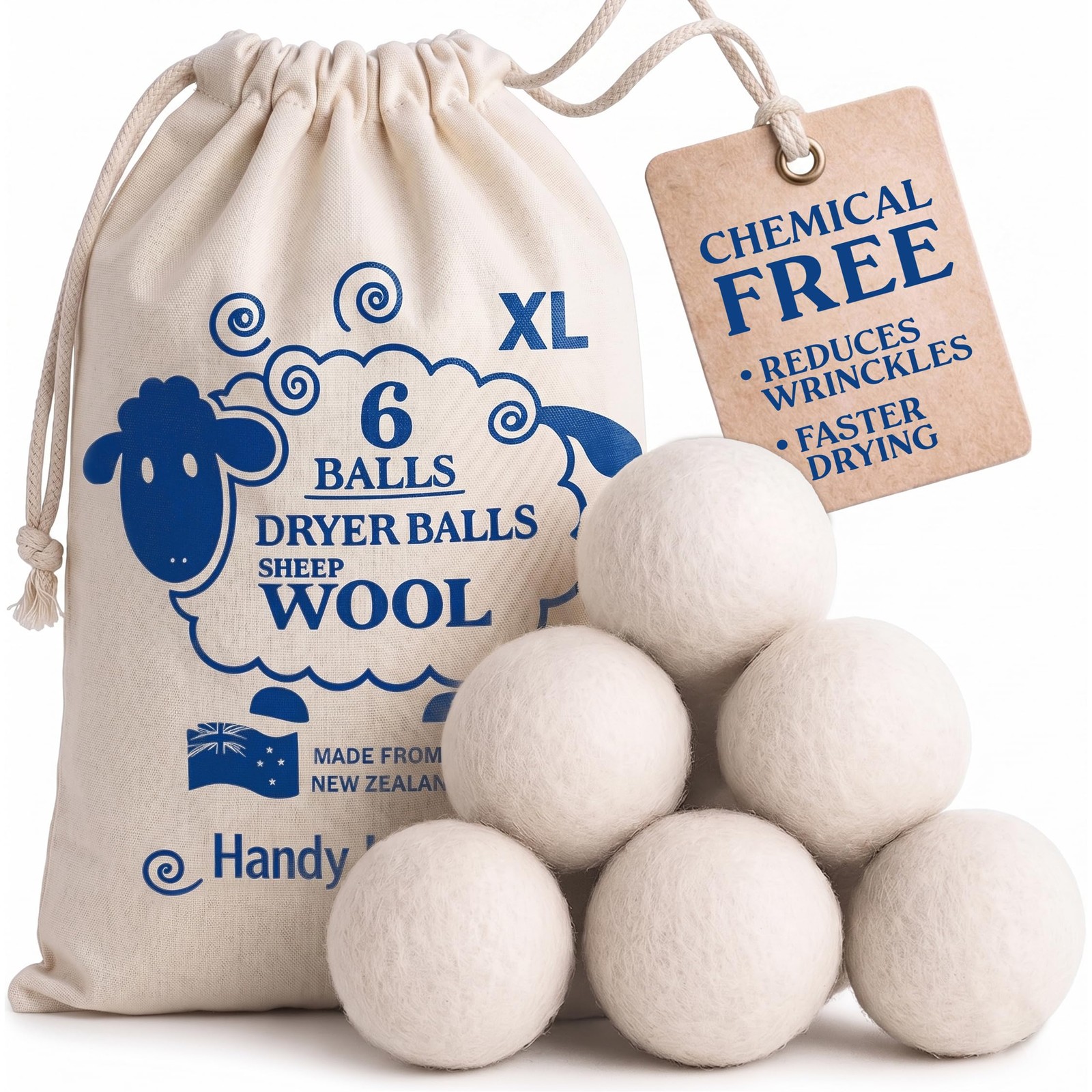 Handy Laundry Wool Dryer Balls – Natural Fabric 6 Count (Pack of 1),