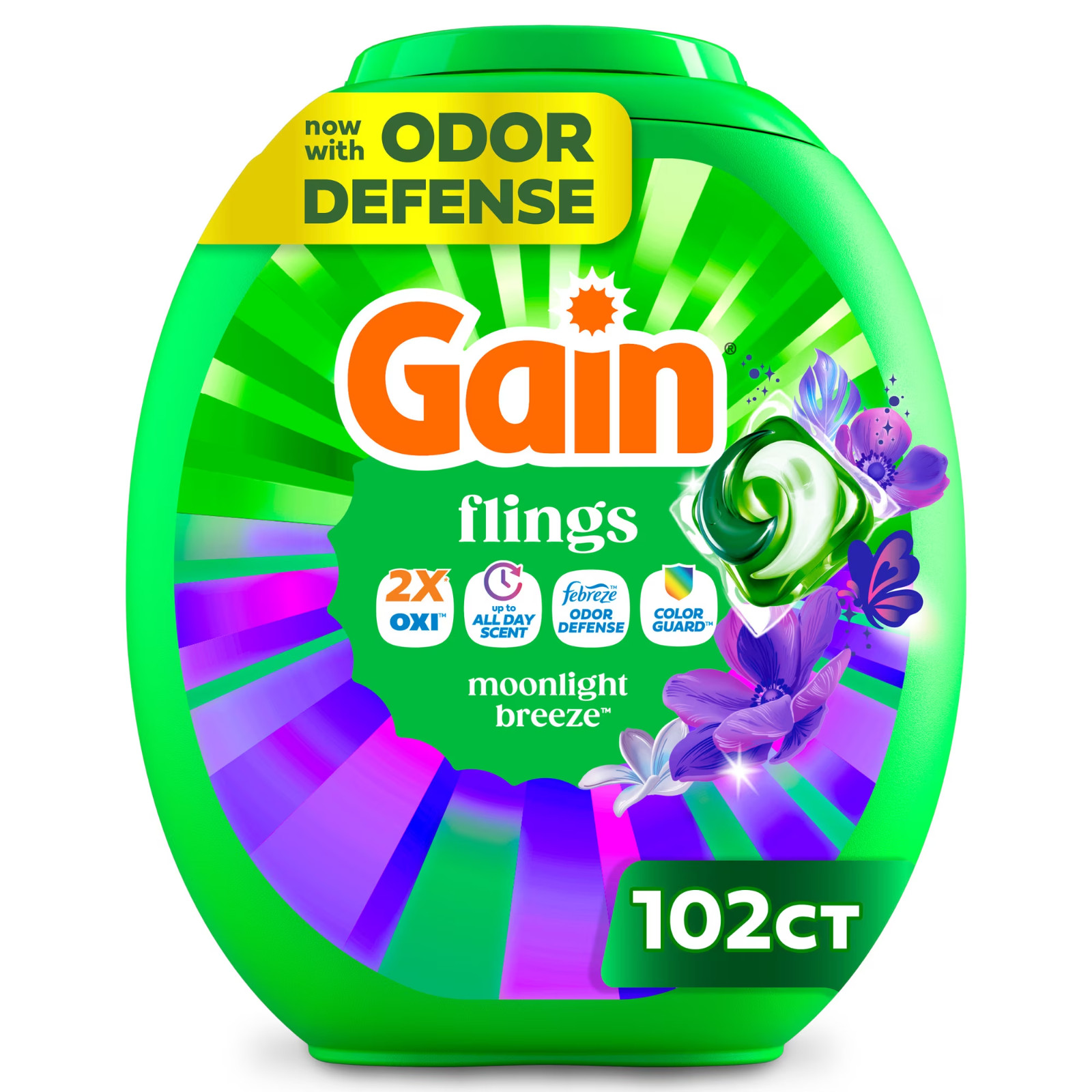 Gain Flings 4-in-1 Detergent Pacs w/ Febreze, Moonlight Breeze, 102 Count