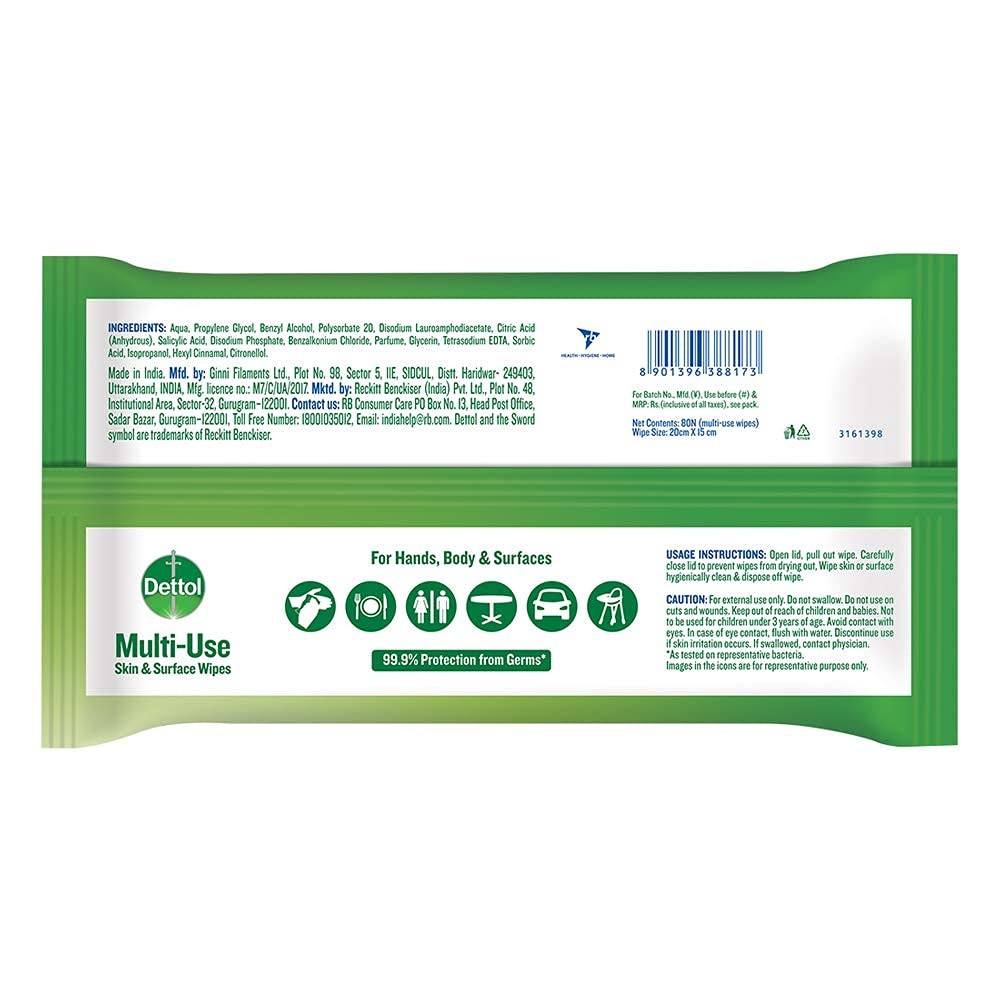Dettol Disinfectant Wipes 80 Count – Safe for Skin & Surfaces, Moisture-Lock