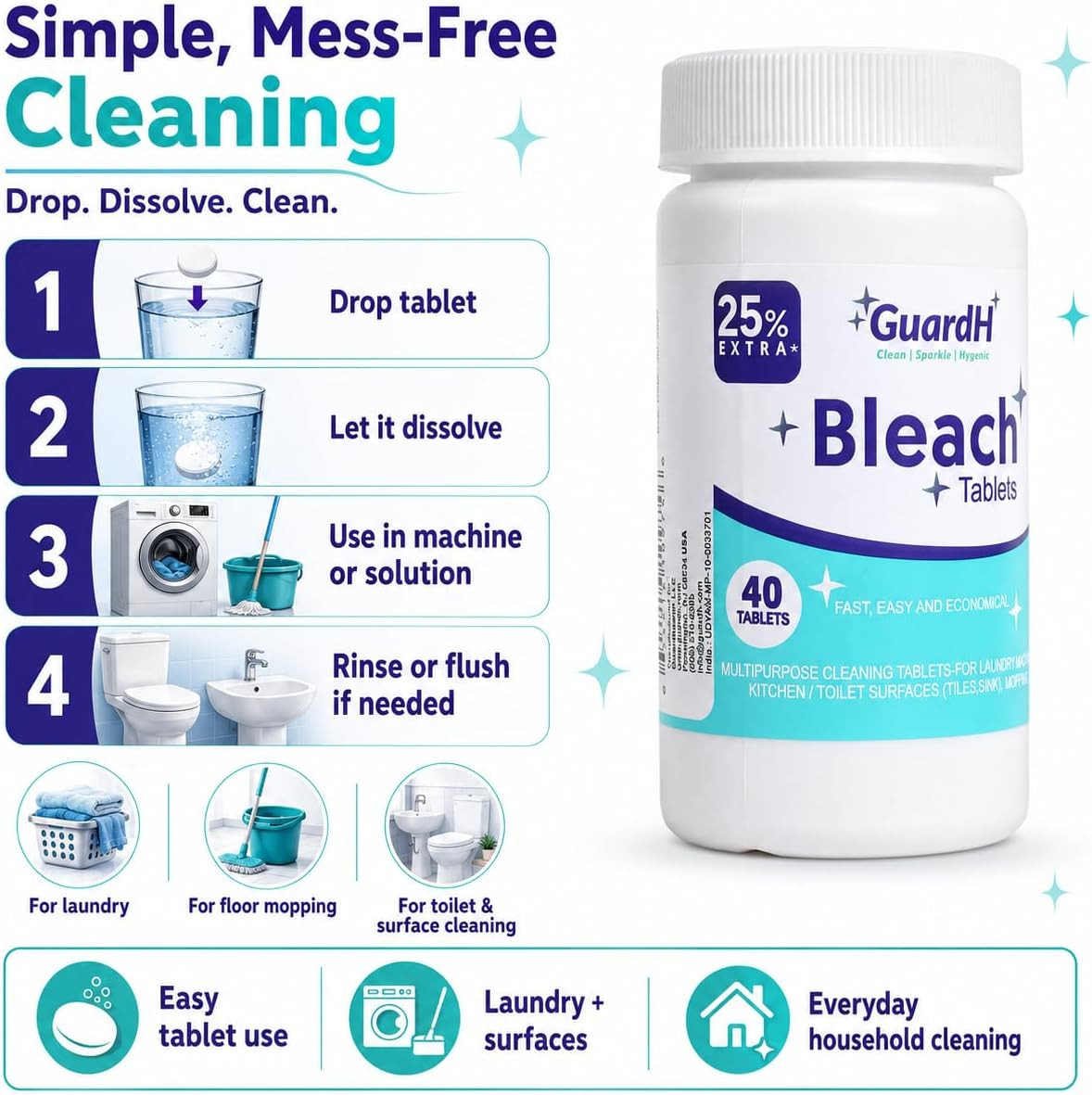 Bleach Tablets for Laundry & Household Cleaning – 40 Count Fast Dissolving Bleac