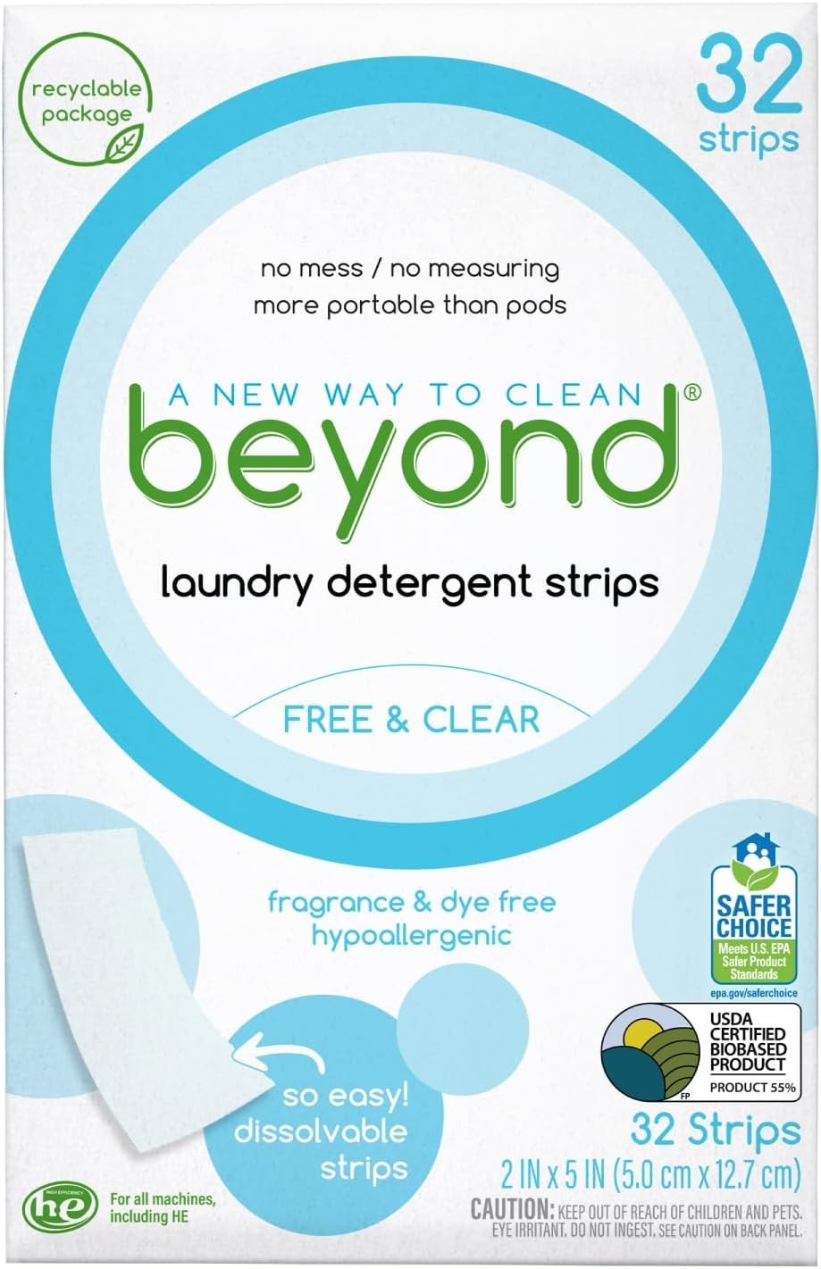 Beyond Laundry Detergent Strips Free & Clear 32 Strips Eco Friendly Travel