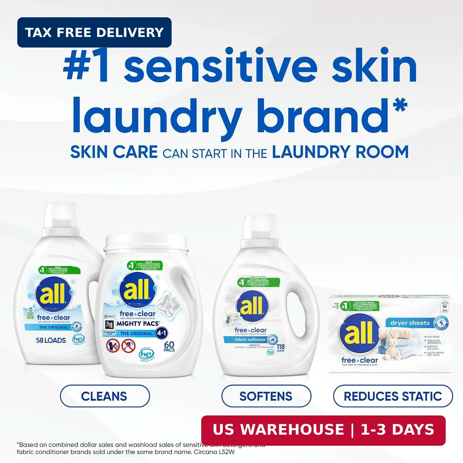 all Liquid Laundry Detergent Free Clear, 118 Ounce, 94 Loads | Controls static c