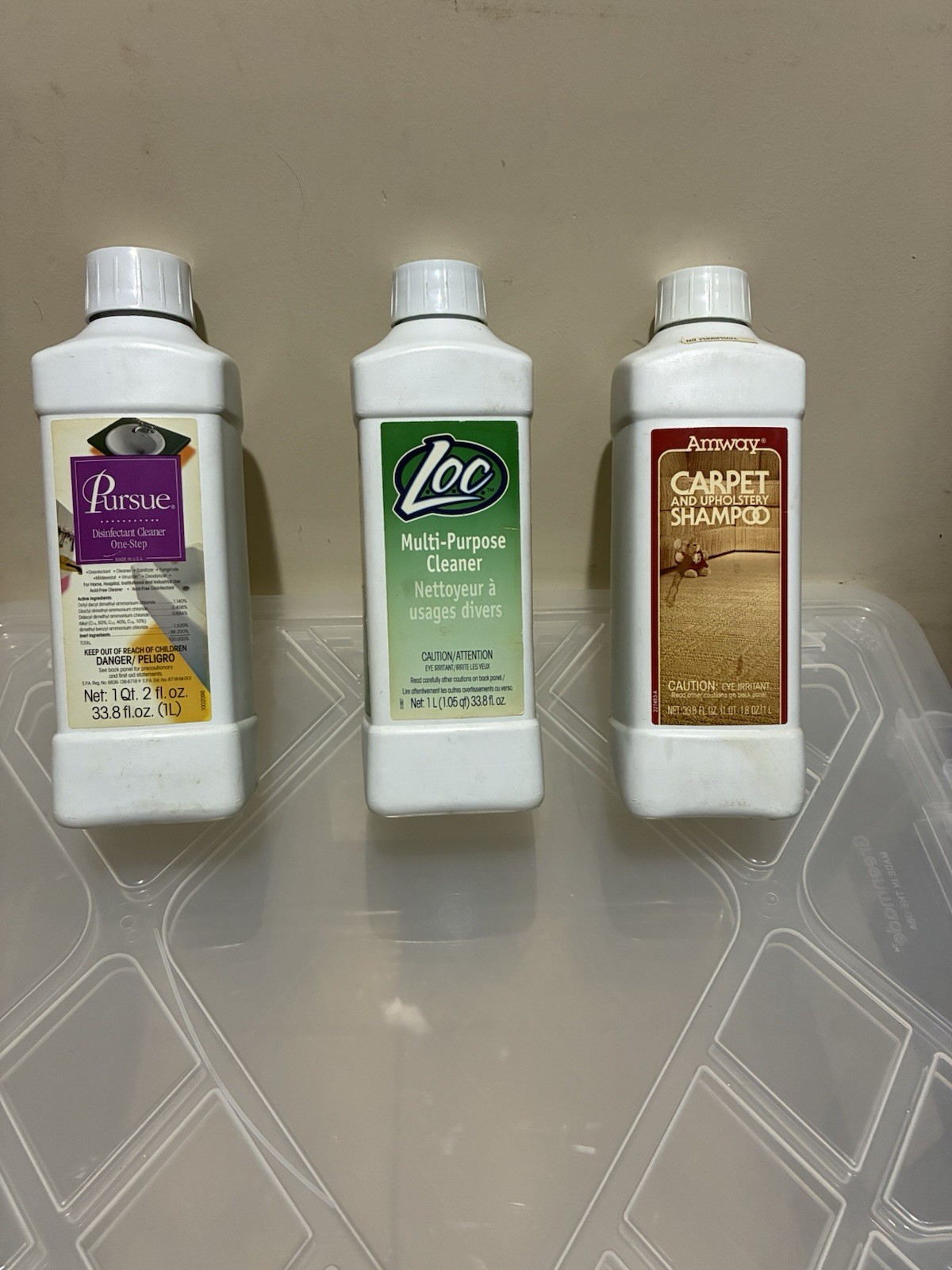 Lot Of 3 Vintage Amway Empty Bottles: Pursue, LOC, Carpet Shampoo. 1990